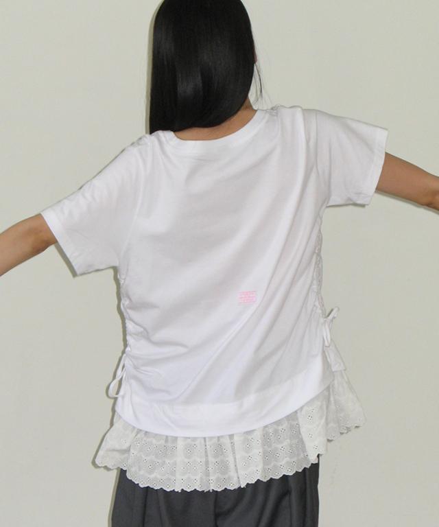 RONRON Torchon Lace Shirring Layered Long T Shirt White