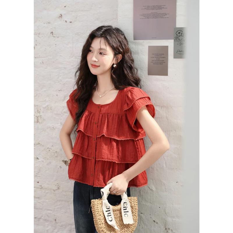 Petite French Style Tencel Blend Ruffle Sleeve Blouse L
