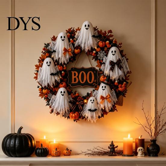 Decorative Fall Wreath Halloween Boo Ghost Wreath, Spooky Door Hanging Decoration with Pumpkins Holiday Home Accents And Spider Webs for Front Porch,