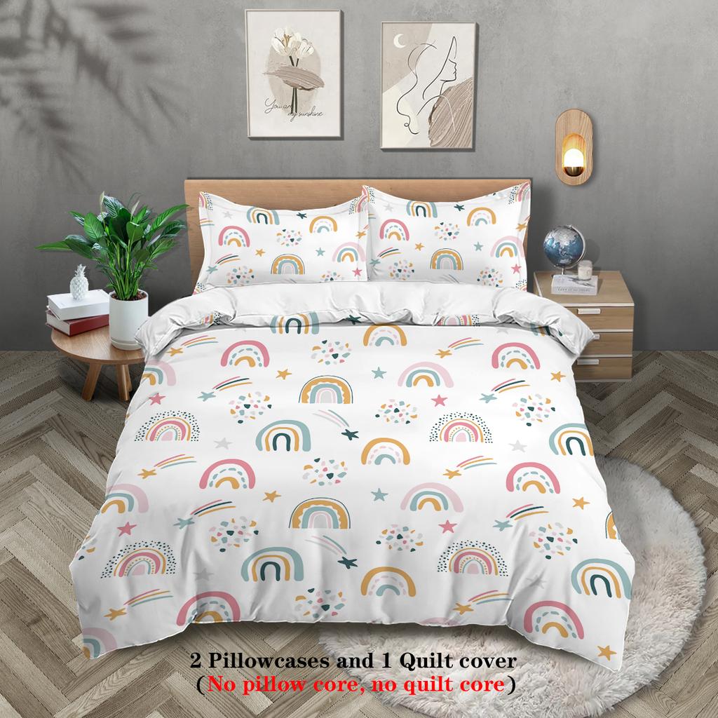 3-piece down duvet cover with cartoon rainbow pattern print (1 duvet cover+2 pillowcases, no core) girls' bedding set