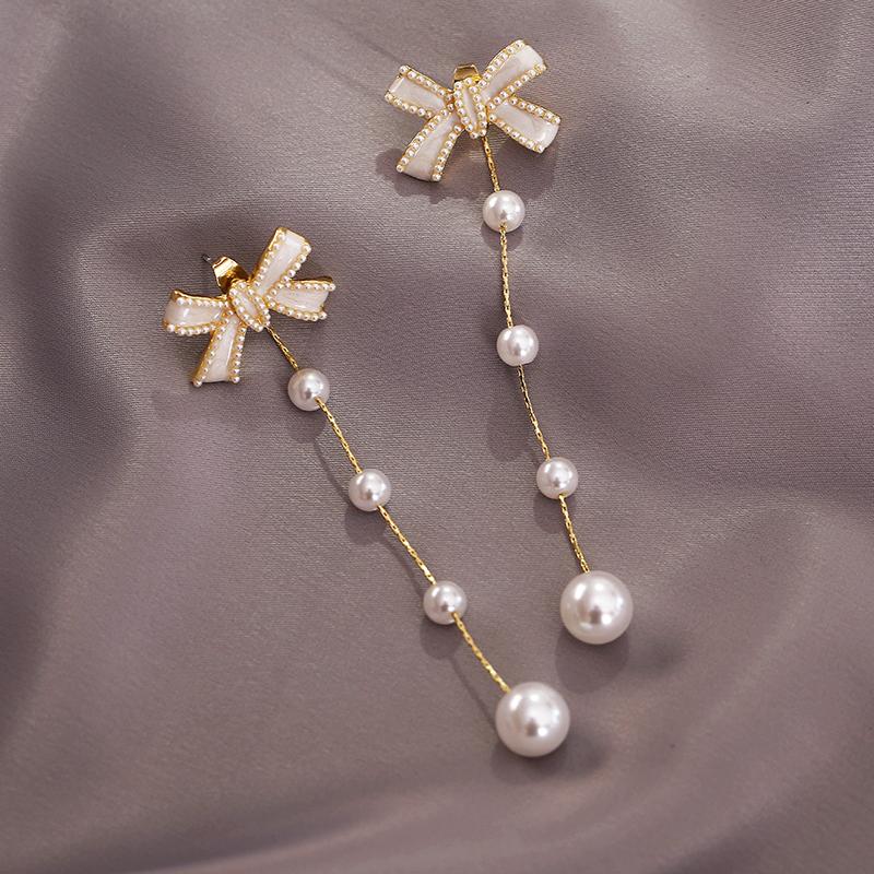 Elegant Bow Pearl Tassel Long Earrings Party Girls 'Luxury Jewelry Korean Fashion Accessories Drop Earrings For Woman