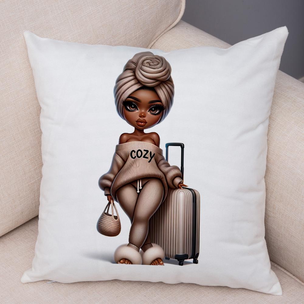 Fashion Cartoon African Girl Pillow Case Soft Plush Cushion Cover for Sofa Home Decor Cute Black Women Throw Pillowcase