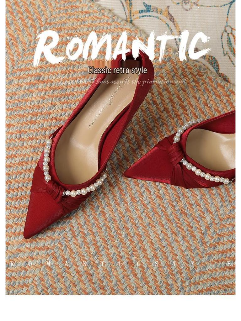 Knotted Pearl Xiuhe Bridal Shoes: Women's Silk Sheepskin High Heel Stilettos with Pointed Toe