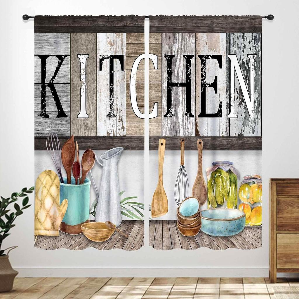 Rustic Kitchen Curtains,Retro Fork Spoon Wooden Plank Farmhouse Country Cooking Theme Funny Quotes Window Treatment for Bedroom
