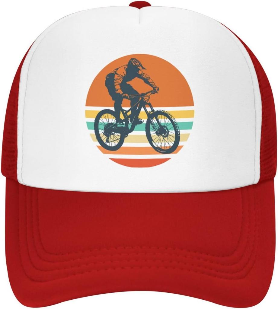 Mountain Biking Sunset Graphic Trucker Hat Polyester Outdoor Adjustable Snapback Cap for Men Women