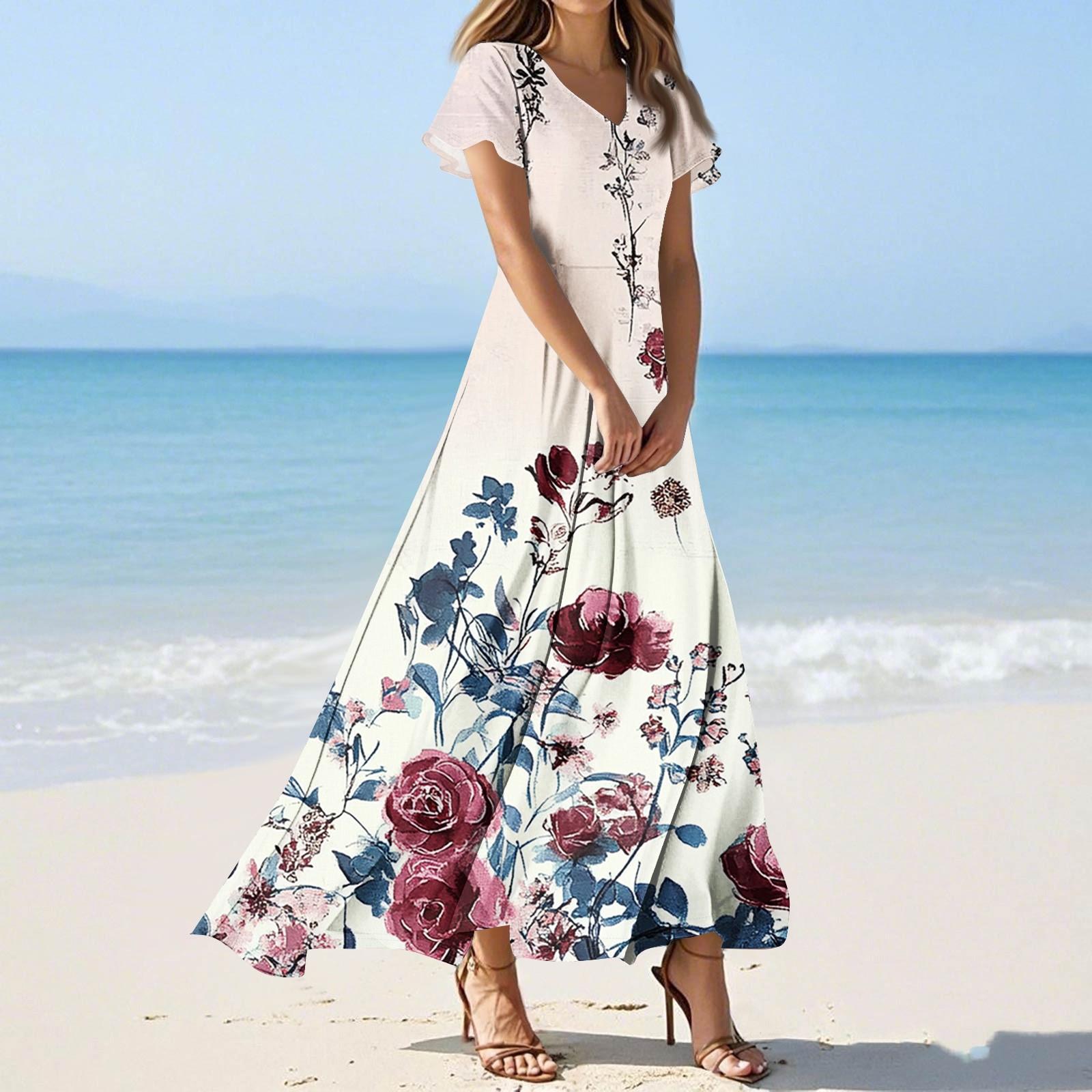 

Женские повседневные модные длинные платья с принтом, платья с V-образным вырезом и коротким рукавом XL розовый