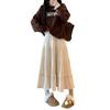 Korean Pleated Skirt Women Autumn Winter Corduroy Lace Trim High Waist Slimming A-Line Midi Flared Skirt