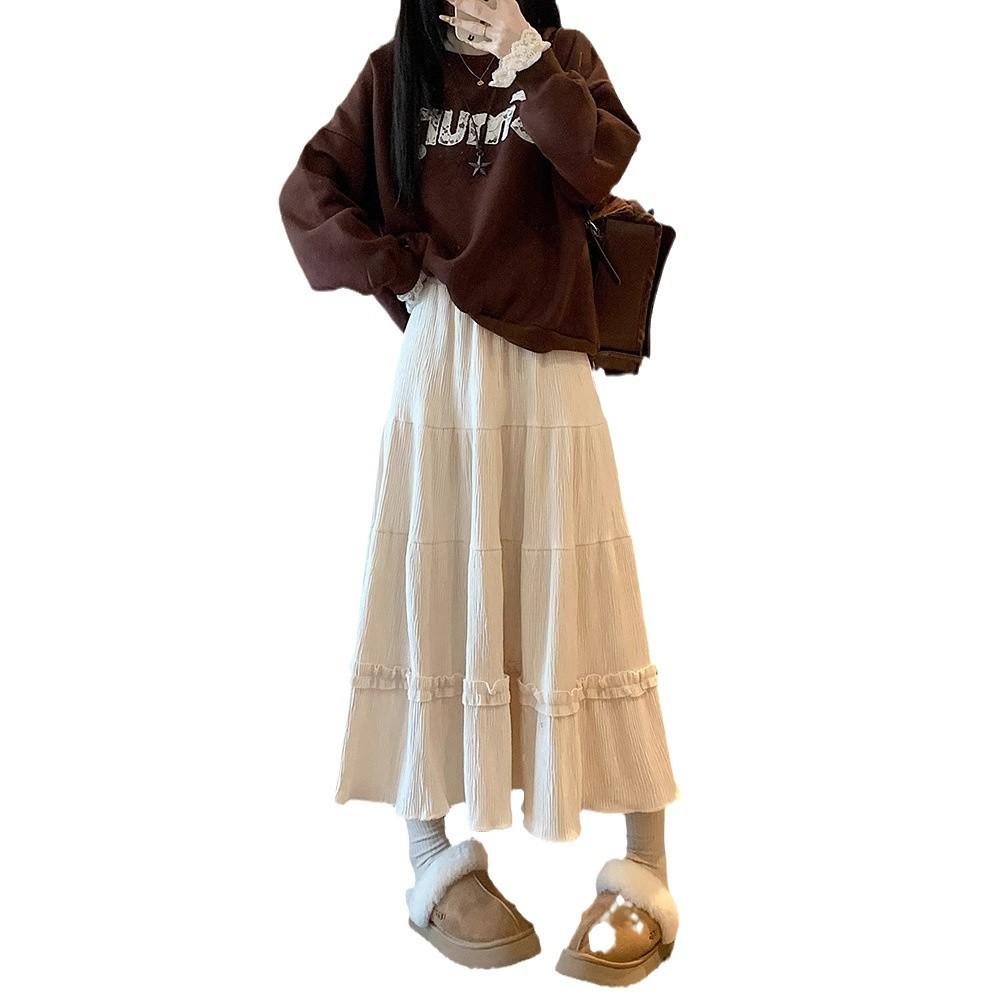 Korean Pleated Skirt Women Autumn Winter Corduroy Lace Trim High Waist Slimming A-Line Midi Flared Skirt