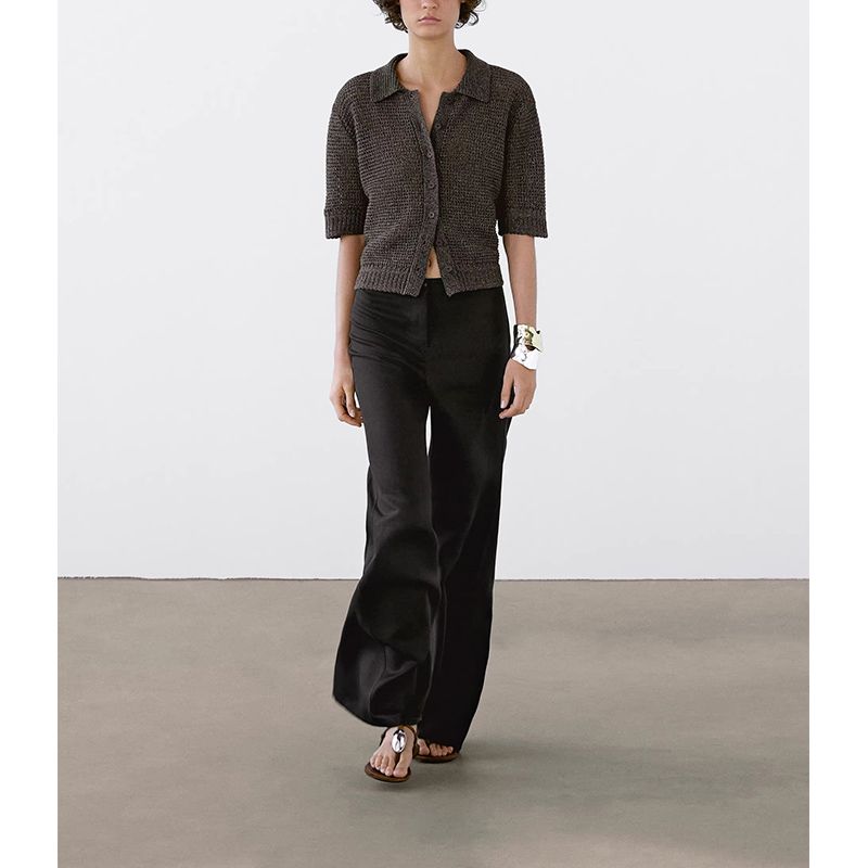 MD Spring and Summer Women's Clothing Old Money Style Relaxed Feeling Lazy Cut Out Polo Collar Short Sleeve Knitting Cardigan 5704559