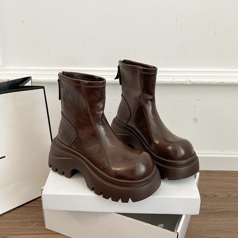 Retro British leather boots thick-soled Martin boots women's autumn and winter fashion versatile and comfortable heightening medium heel short boots
