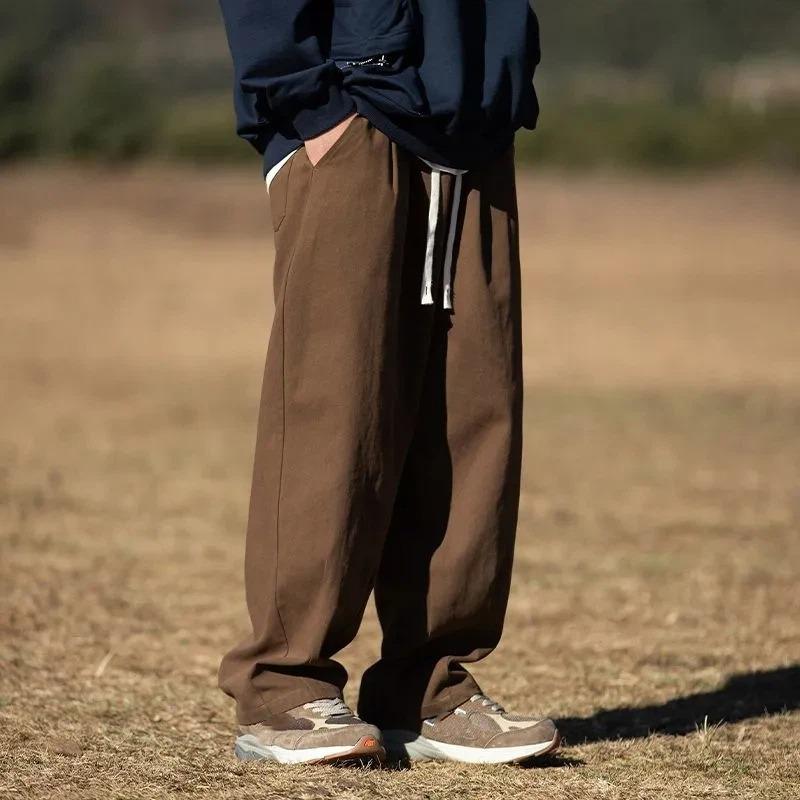 

Mens Cotton Solid Color Straight Leg Casual Pants L бежевый