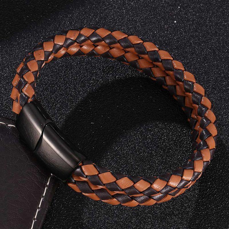 Vintage Stainless Steel Metal Clasp Men Jewelry Two Layers Genuine Leather Bracelet Brown Charms Wristband