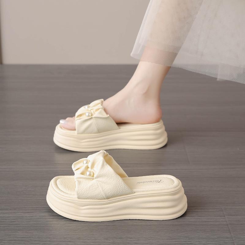 CRLAYDK Fashion Sandals for Women Fold Pearl Slip On PU Leather Slides Ladies Casual Walking Shoes Platform Beach Slippers