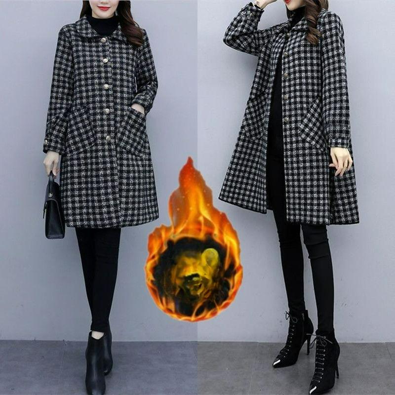 Plus Size Women's Autumn and Winter Plus Size Jacket Women's Loose and Thin Mid-length Plaid Coat