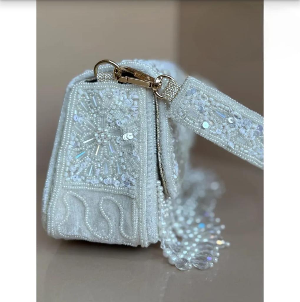 Handmade Beaded Bridal Clutch White Pearl & Sequin Evening Bag with Fringe Elegant Wedding Purse Handmade Party Bag Gift for Her