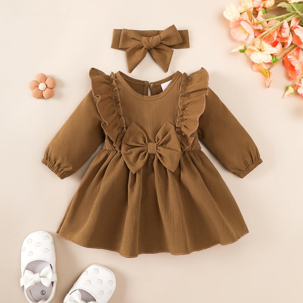 Christmas 5 Color Dresses Long Sleeved Princess Dress with Bow+Headband for Baby Girls 1-18 Months New Year Holiday Costume