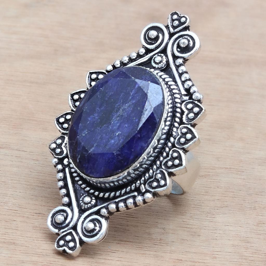 Blue Sapphire Gemstone Handmade Silver Jewelry  "7"