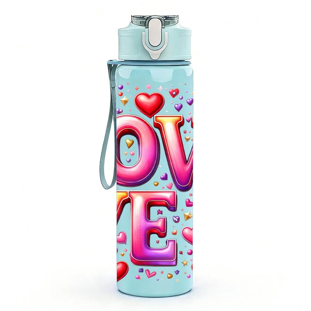 1PC Love Heart Valentine Lettering 750ml Color Plastic Sports Water Bottle Leakproof Flip Straw Lid Suitable for Sports Office Home Use
