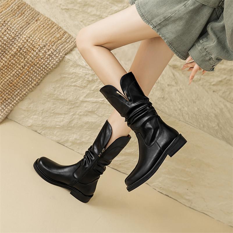 Meotina Bottes mi-mollet en cuir véritable pour femmes, bout rond,  plateforme, chaussures plates, fermeture éclair, plissées, mode, hiver,  noir,