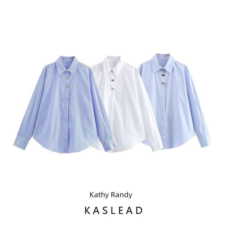 Kaslead New Arrival Women's Clothing Fashion Style Patchwork Button Decoration Long Sleeves Lapel Simple Shirt 2238534