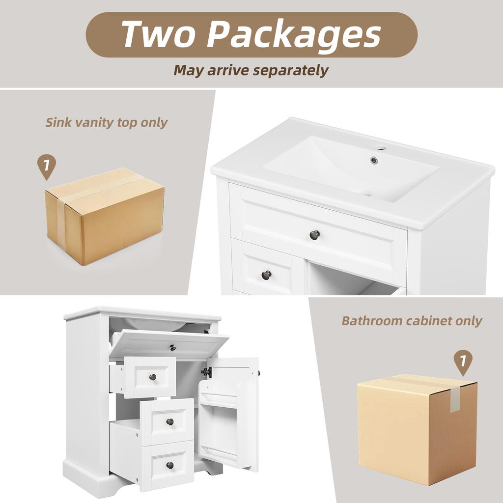 76X46x87cm freestanding bathroom washstand, moisture-resistant coating, adjustable storage space in cabinet and integrated ceramic washbasin, white.