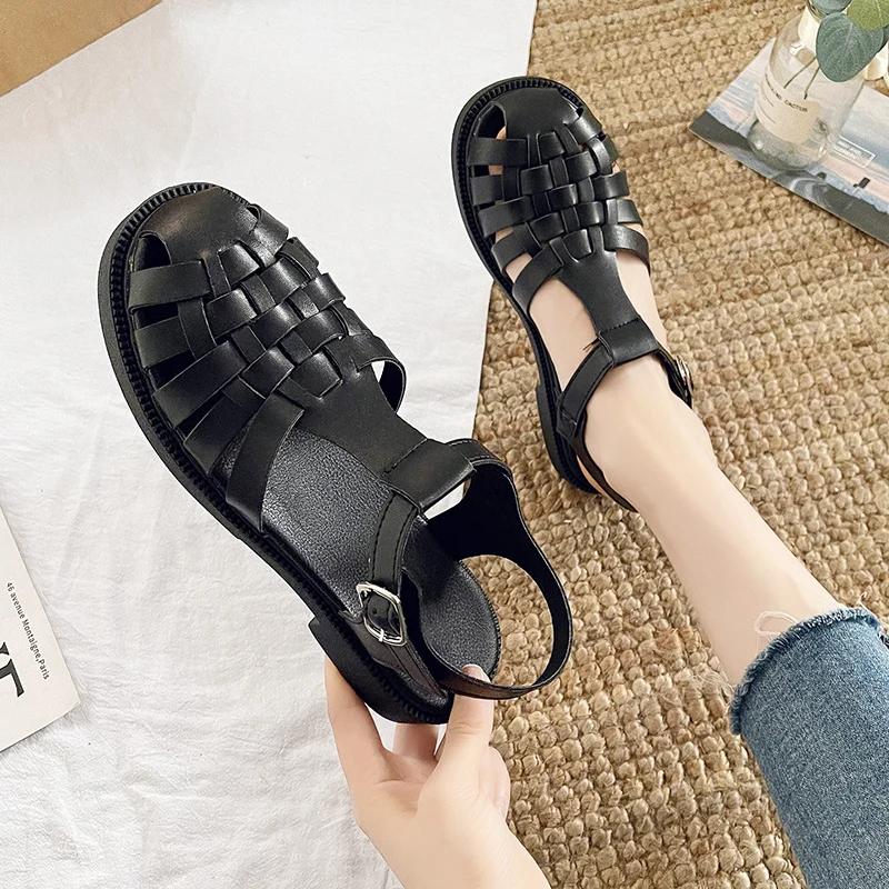 Fashion Women Sandals Black Shoes for Women 2025 Summer Women's Heels Breathable Beige Low Retro Ladies Flat Gladiator  Women Shoes