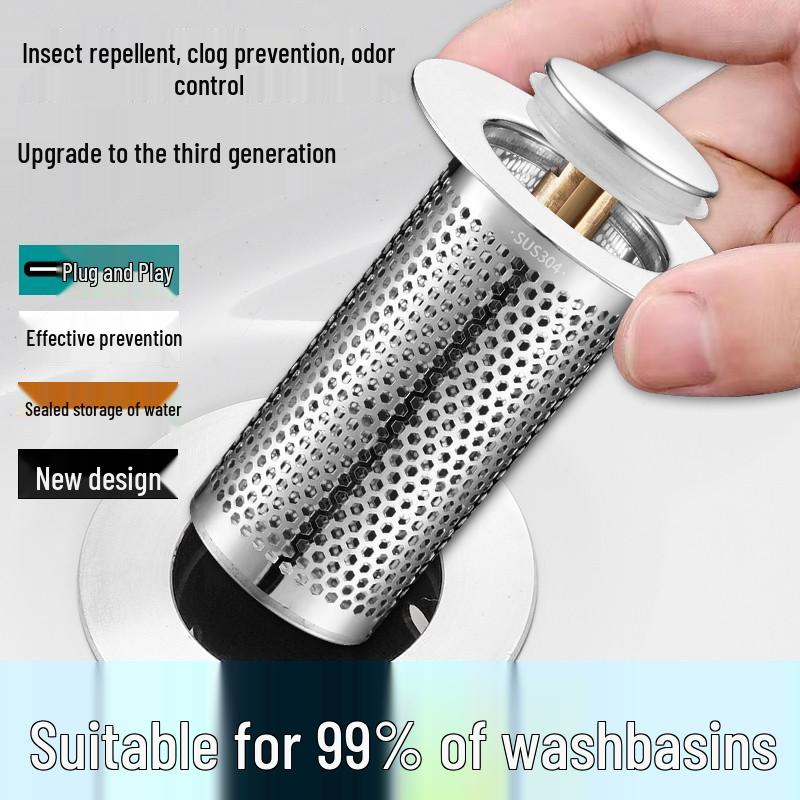 Universal Anti-Clog Push-Type Wash Basin Drain Filter and Deodorizing Stopper