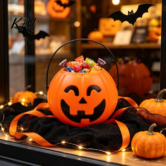 Spooky Gift Baskets Halloween Pumpkin Candy Bucket, Plastic Treat Holder with Handle, Outdoor Ornaments Party Favor Storage Container, Trick-or-Treat