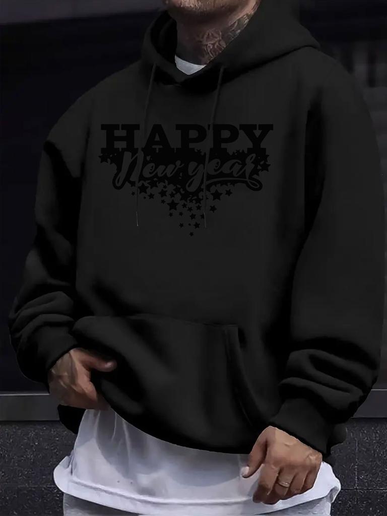 American European Style unisex Fall Winter Print Hoodie Long Sleeve Sweatshirt, HAPPY New Year Artistic Font Hooded Print Sweatshirt, Festive Trendy S
