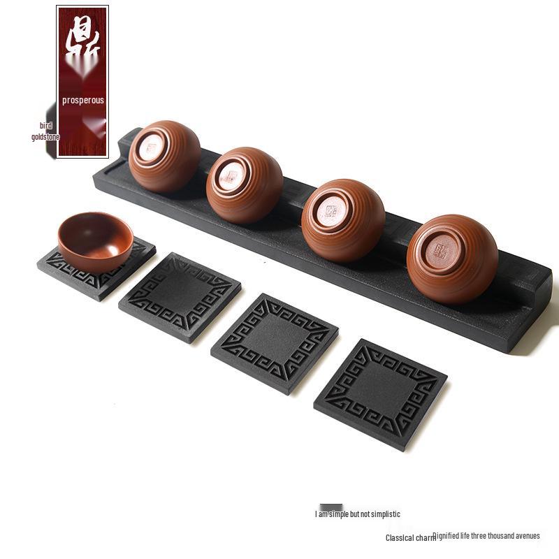 Hand-Carved Natural Stone Tea Set: Obsidian Teacup Rack, Tray, and Coaster