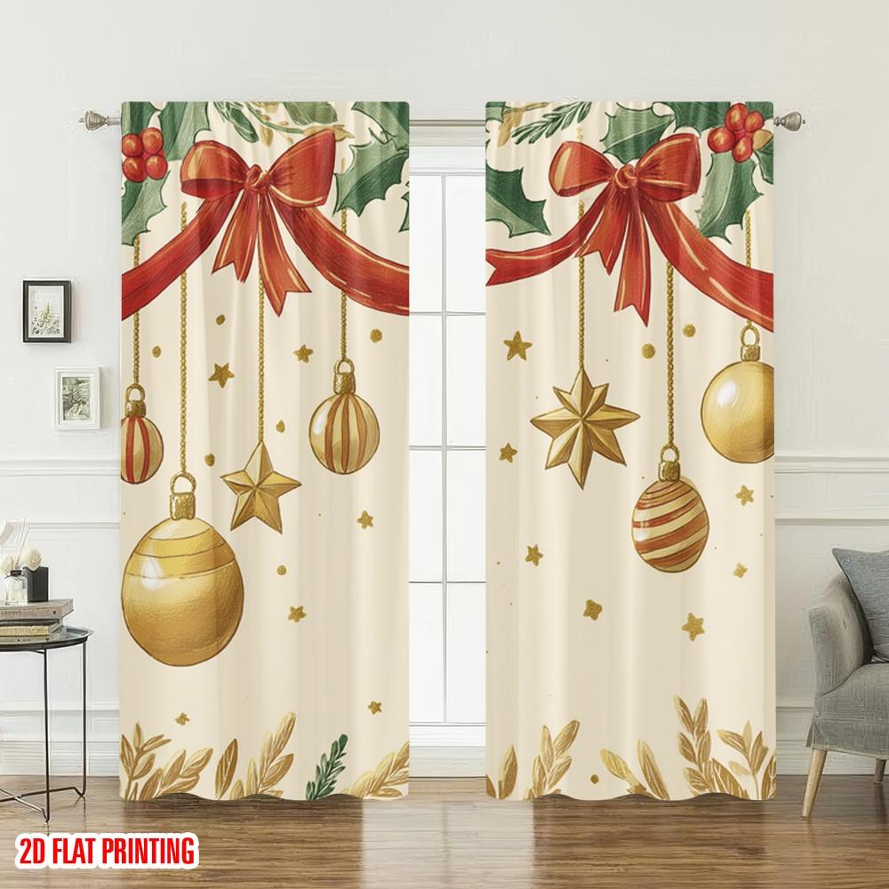 Flachdruck Frohe Weihnachten Mode Vorhänge Stechpalme Schleife Sterne Ornament Digital Bedruckt Polyester Vorhänge Set von 2 Hergestellt