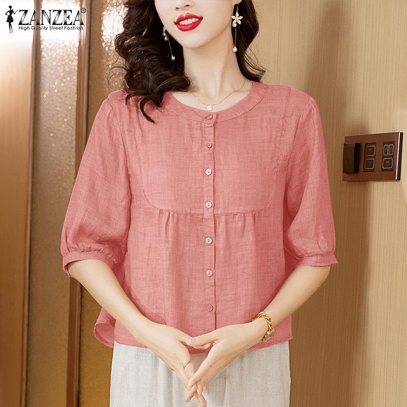 

ZANZEA Женская повседневная летняя свободная блузка с круглым вырезом и половиной рукавов