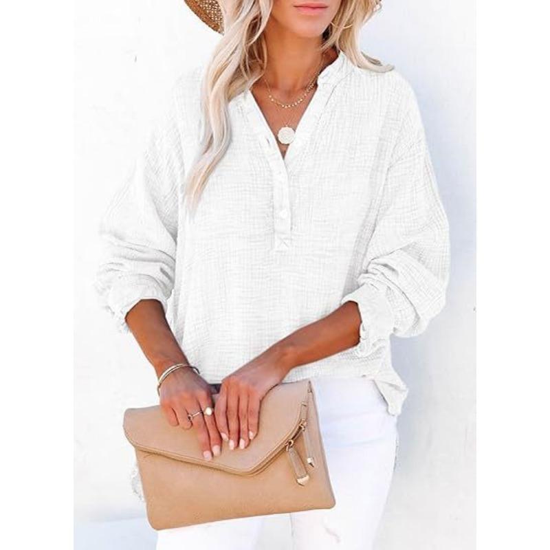 Fashion Long Sleeved Spring Autumn Office Women Shirt Plus Size Pleated Buttons Solid Color Tops Elegant V Neck Casual Simple Blouse Loose Clothing