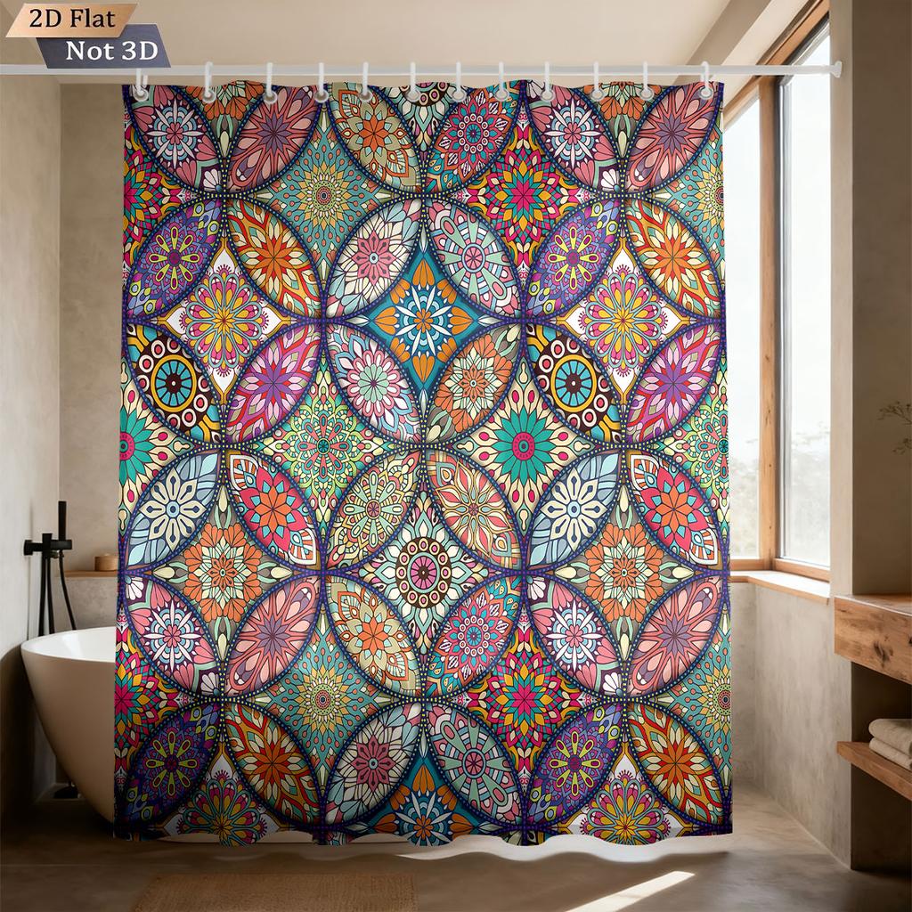 1pc Bohemian Color Retro Pattern Print Waterproof Privacy Partition Shower Curtain With 12 Hooks Multiple Sizes Machine Washable