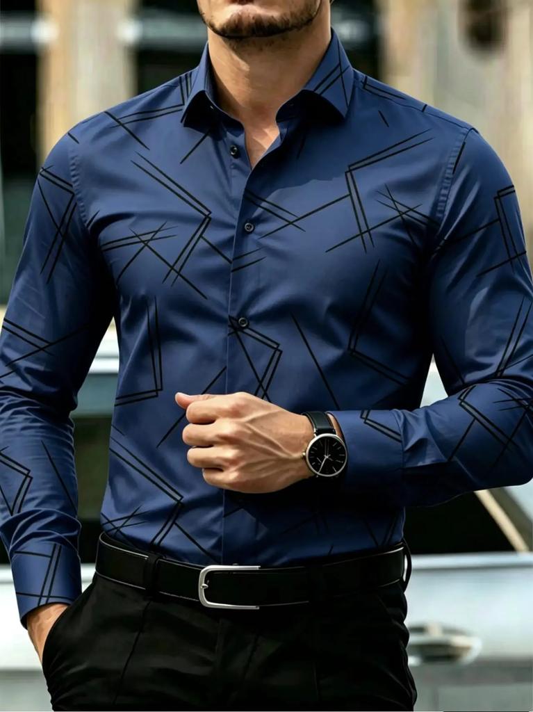 Modern Men's Long Sleeve Shirt with Geometric Line Print, Great for Daily & Formal Wear.