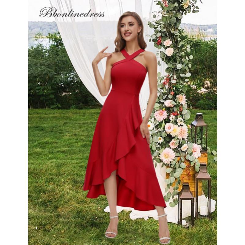 Vestido Midi Sexy Rojo para Mujer con Cruces en el Cuello Halter Volantes Dobladillo Asimétrico Sin Mangas Elegante para Noche Cóctel Boda Dama de Honor Fiesta Formal Baile de Fin de Curso