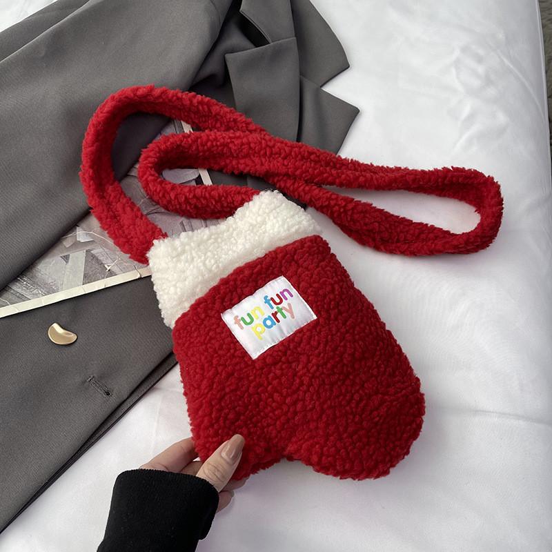 Stylish Plush Crossbody Bag For Women 2023 New Winter Color-blocking Trend Shoulder Bag White Red