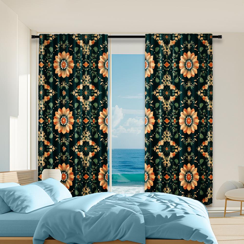 

Набор из 2 универсальных прозрачных полиэстеровых штор для декора дома Темно-бирюзовый узор Использование в спальнях, гостиных Идеальная штора для гостиной W100*H70(CM)-Rod Pocket&1PCS