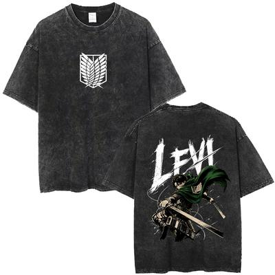 Washed Vintage Anime Attack On Titan Levi Ackerman Graphic T-shirt Men Women Cartoon Manga Merch T-shirts Male Oversized T Shirt