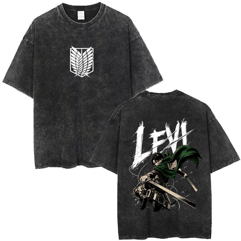 Gewaschenes Vintage Anime Attack on Titan Levi Ackerman Grafik-T-Shirt Herren Damen Cartoon Manga Merch T-Shirts Männliches Oversized-T-Shirt