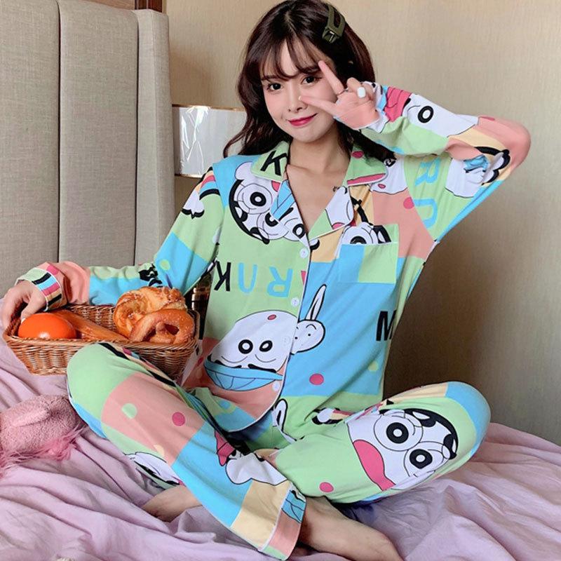 Spring And Autumn Pajamas Women'S Cardigan Long-Sleeved Trousers Korean Girls' Simple Cartoon Loungewear Suit Can Be Worn Outside