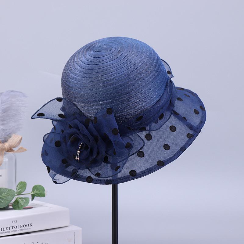 Polka Dot Top Hat Women's Summer Dome Organza Flower Socialite Style Foldable Fisherman Hat Sun Protection Large Brim