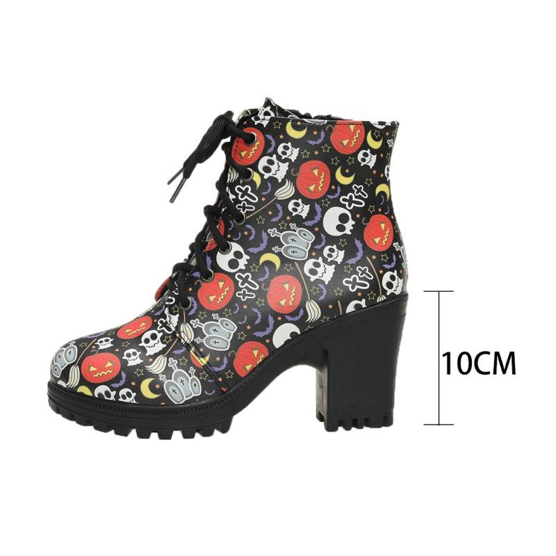 Skull thick heel short boots women wear autumn and winter new fashion high heel front lace-up fashion boots women