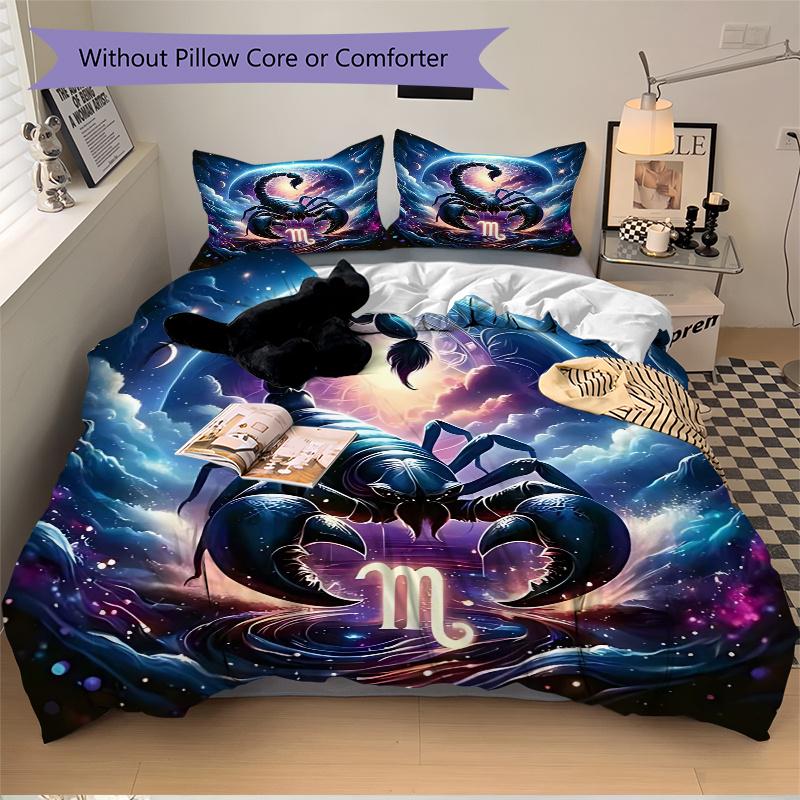 3pcs Scorpio Zodiac Sign Comforter Set with Two Pillowcases (No Core), Home Decor, Festival Gift, Polyester Fabric, Anime Cartoon Design