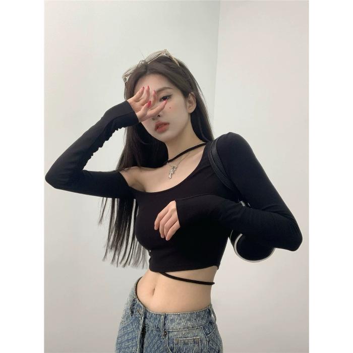 Niche Autumn Women's One-Shoulder Halter Crop Top - Long Sleeve, Slim Fit, Strappy Design