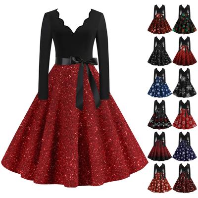 Damen Casual Fashion Langarm Weihnachten Grafik Bedruckte Vintage Lange Kleider