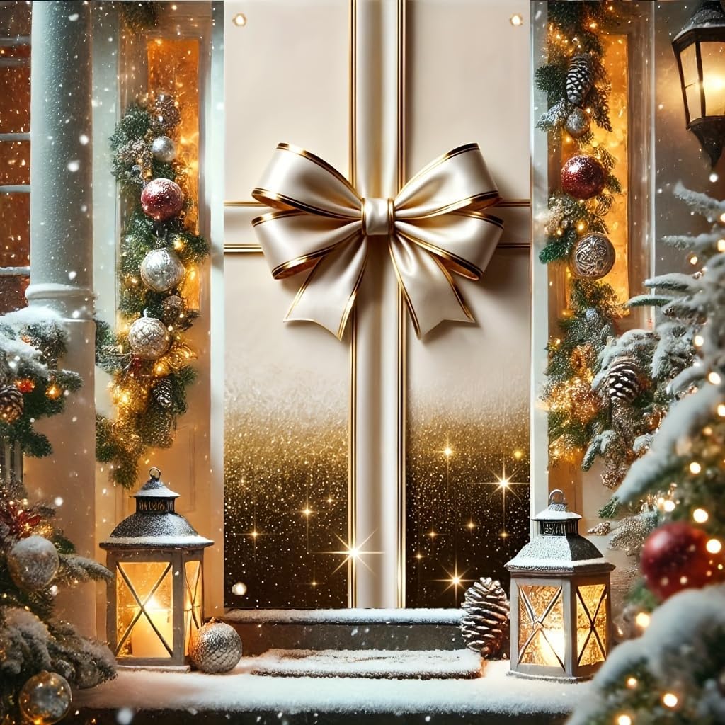 Door Cover Golden Gift Box Bow 71x35 Inch Decorative Holiday Front Door WrapChristmas Party Wedding Birthday Celebration Indoor Qutdoor Decoration