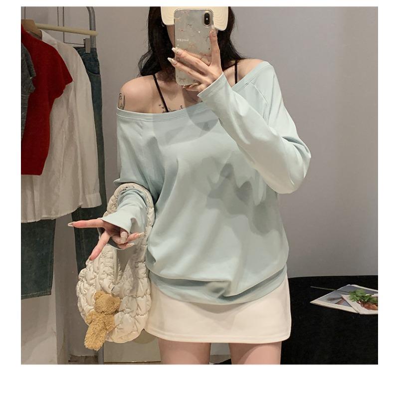 Spring Autumn Sloping Shoulders Solid Color T-shirt Women Long Sleeve Casual Fashion All-match Pullover Tee Top