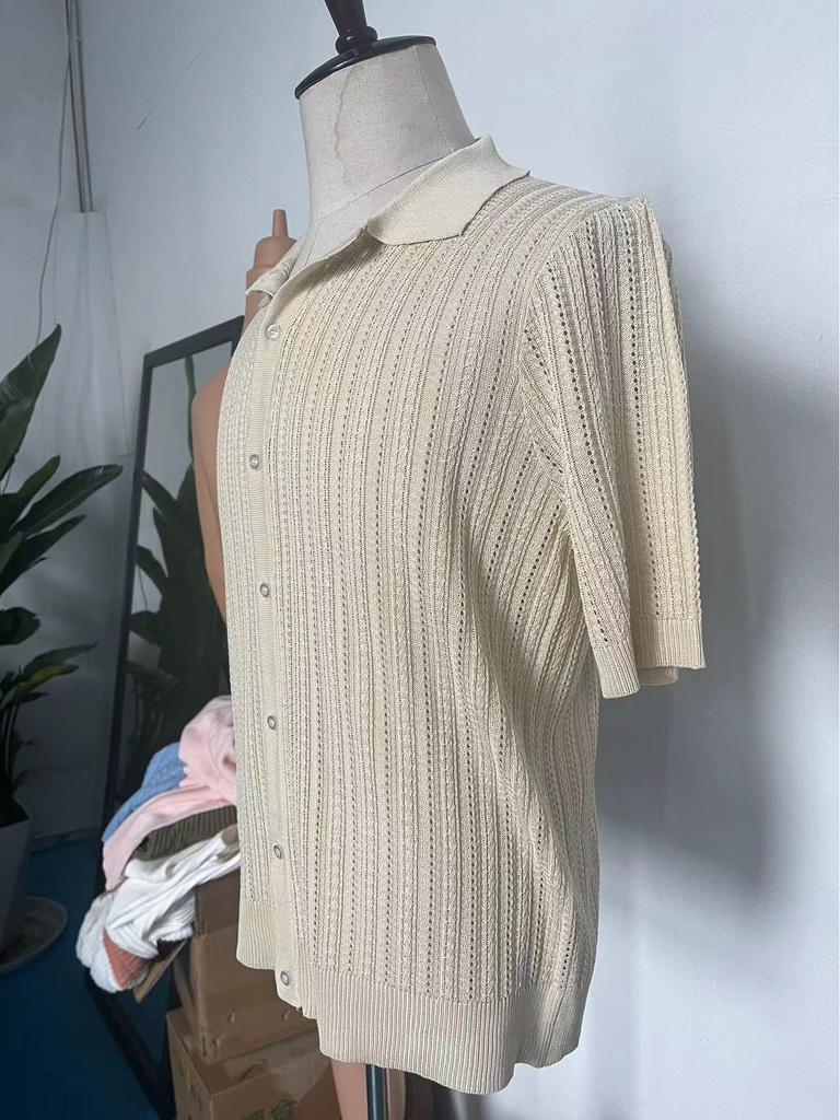 Men's Summer Cool Knit Short Sleeve Collared Shirt - Solid Color, Breathable, Hollow Out Design