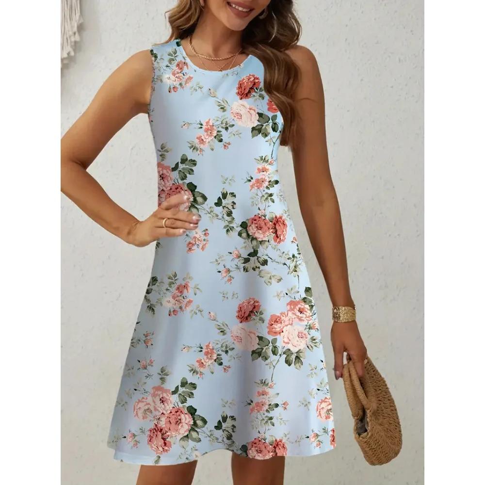 Summer Colorful Floral Print Round Neck Sleeveless Vest Dress Beach Vacation Plus Size Casual Comfortable Soft Breathable Women Mini Dress